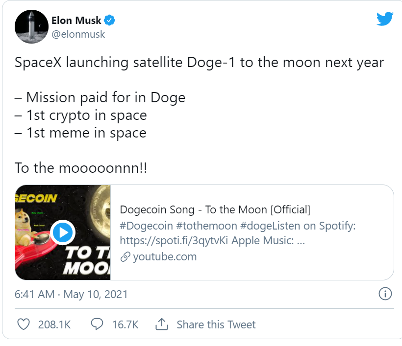 再为狗狗币带货！马斯克宣告SpaceX承受狗狗币付出，下一年向月球发射狗狗一号卫星