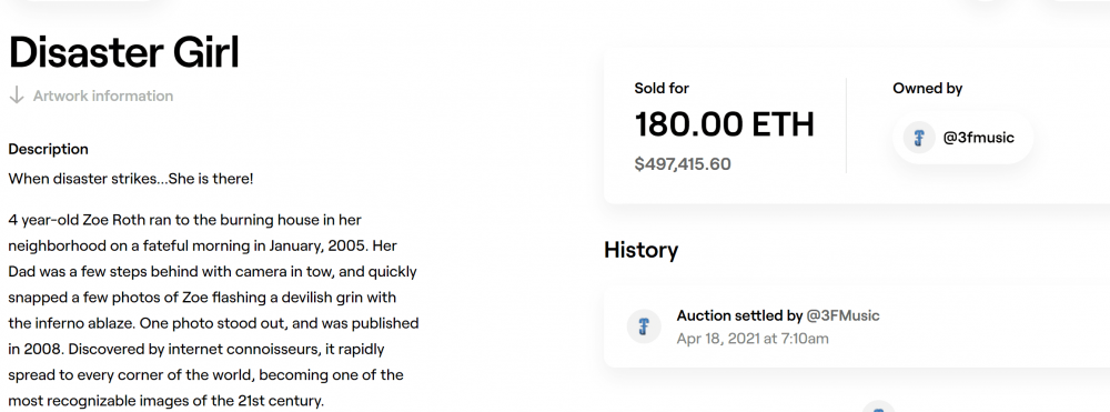 万物皆可NFT 美国“灾祸女孩”表情包卖出50万美元